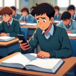 Child distracted by mobile phone in classroom.