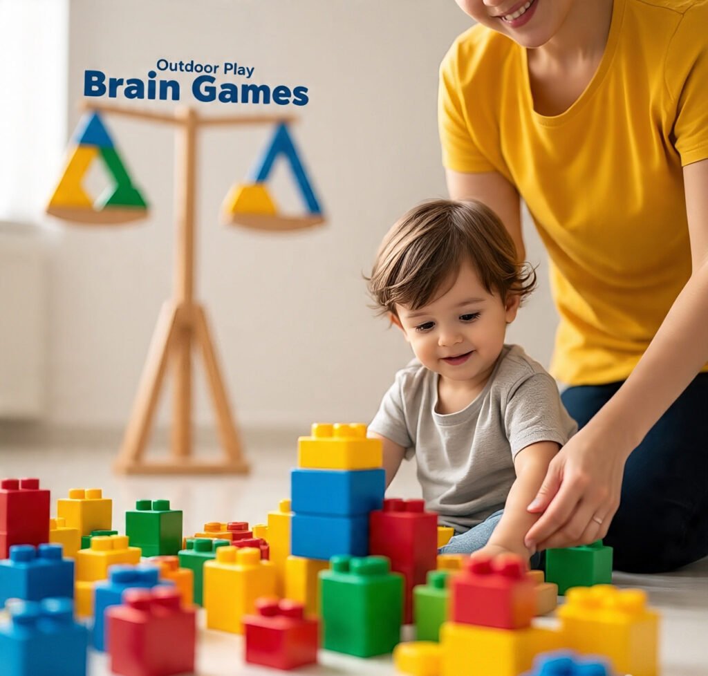 Happy parents watching their kids play educational brain games.