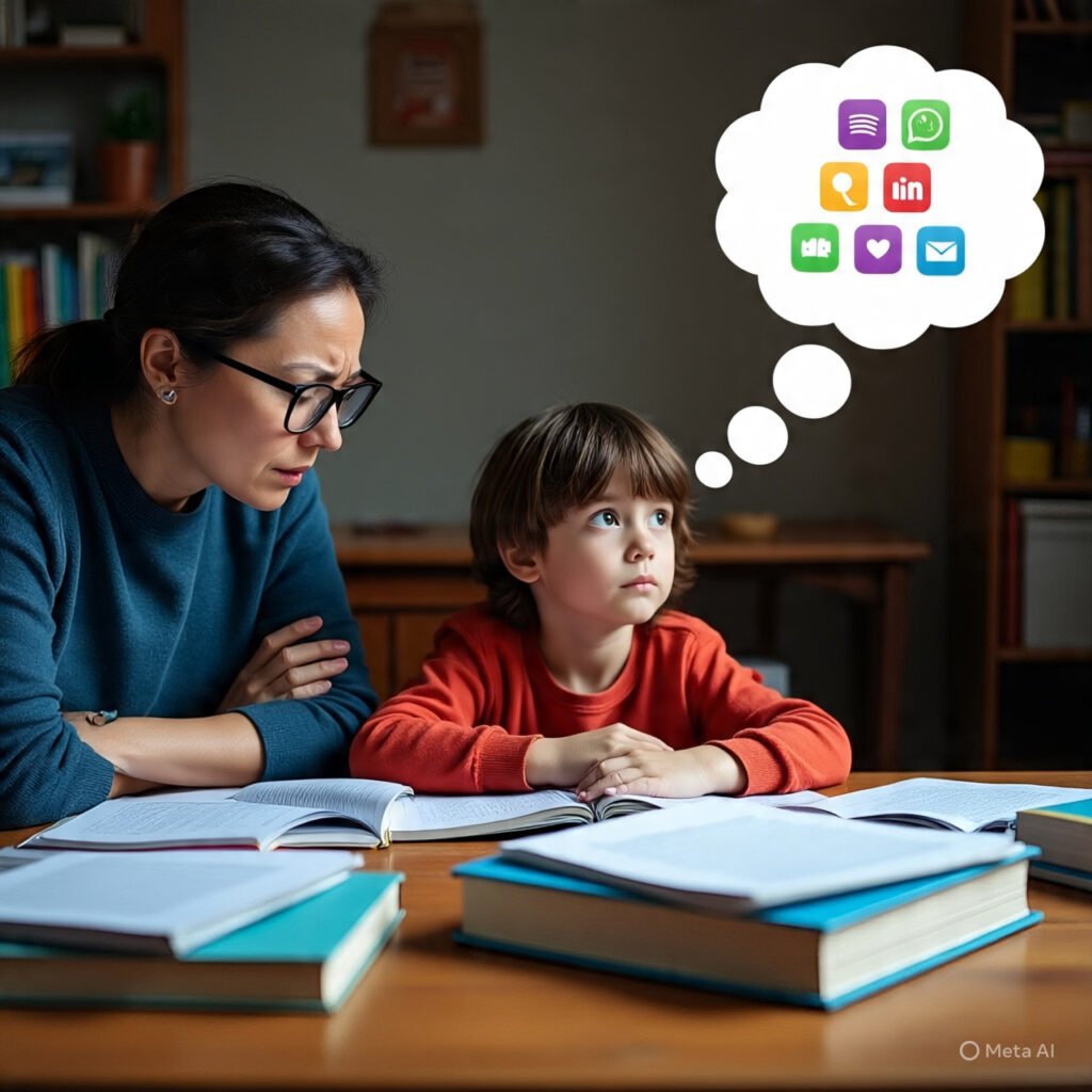 Parent and child struggling with traditional English study.