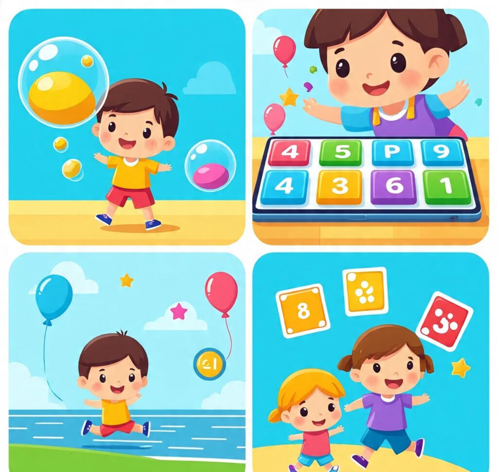 Children playing different types of online math games, including bubble pop, drag-and-drop, quiz races, and matching numbers.