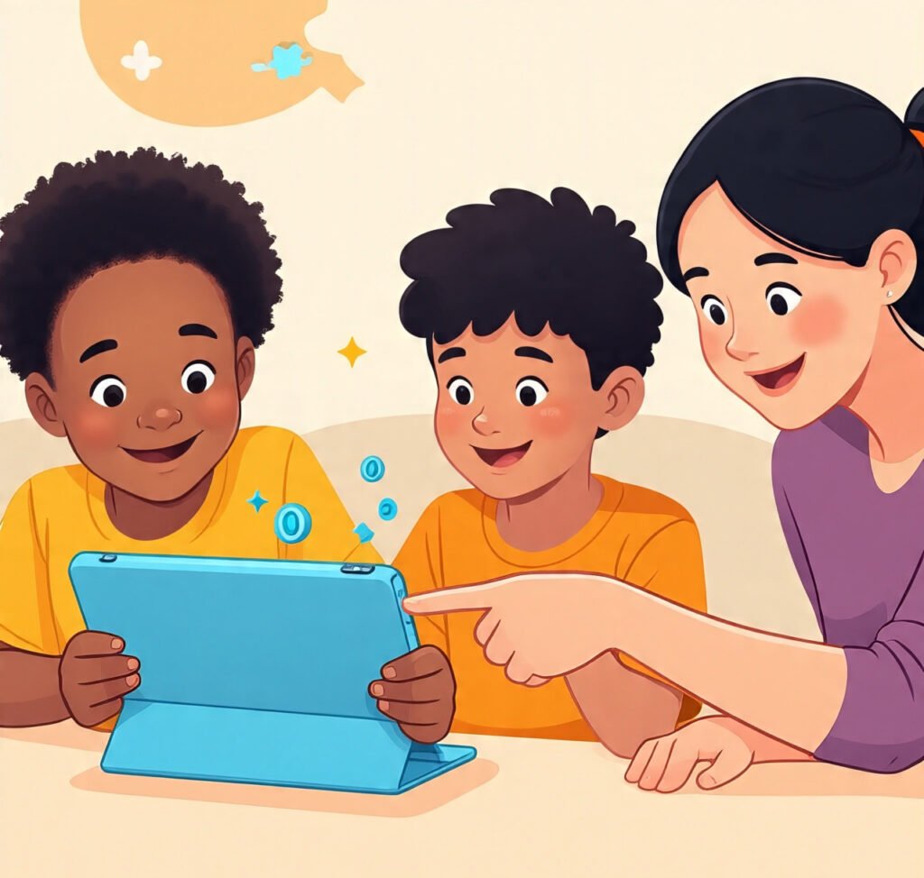 Parent encouraging a child while playing online math games on a tablet.