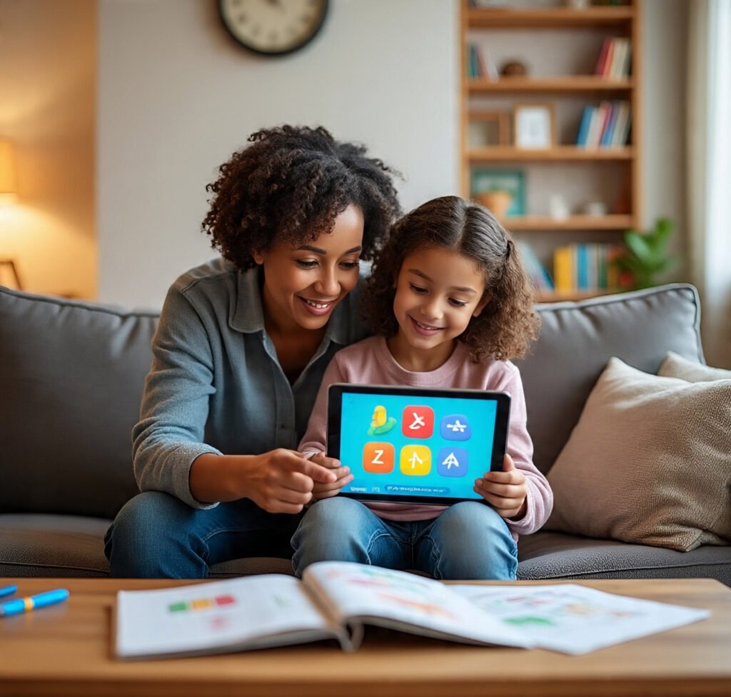 Parent and child enjoying a fun math game on a tablet together in a cozy living room.