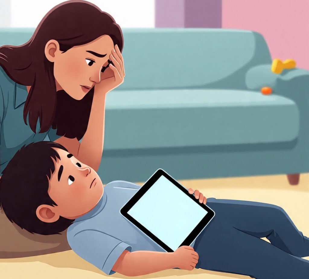Mother concerned about mobile overuse in her child.