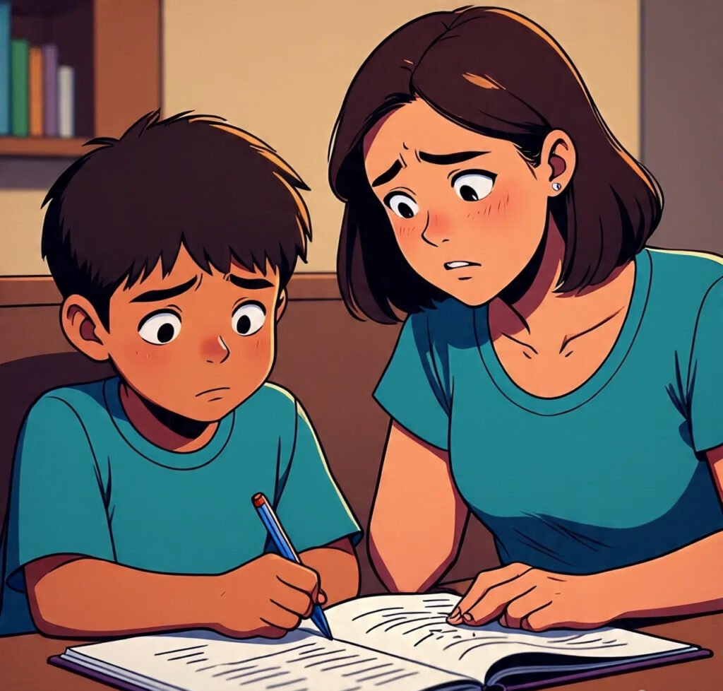 Parent observing child struggling with addition and subtraction homework.