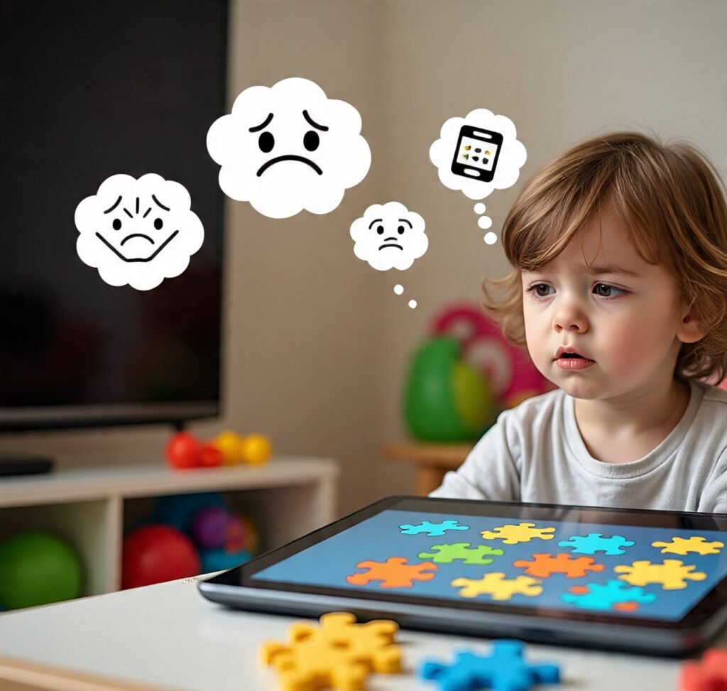 Child comparing screen boredom with excitement during brain games.