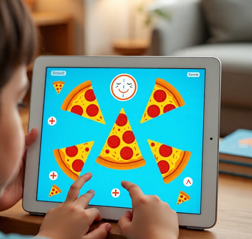 Child interacting with a colorful math app displaying fractions as pizza slices.