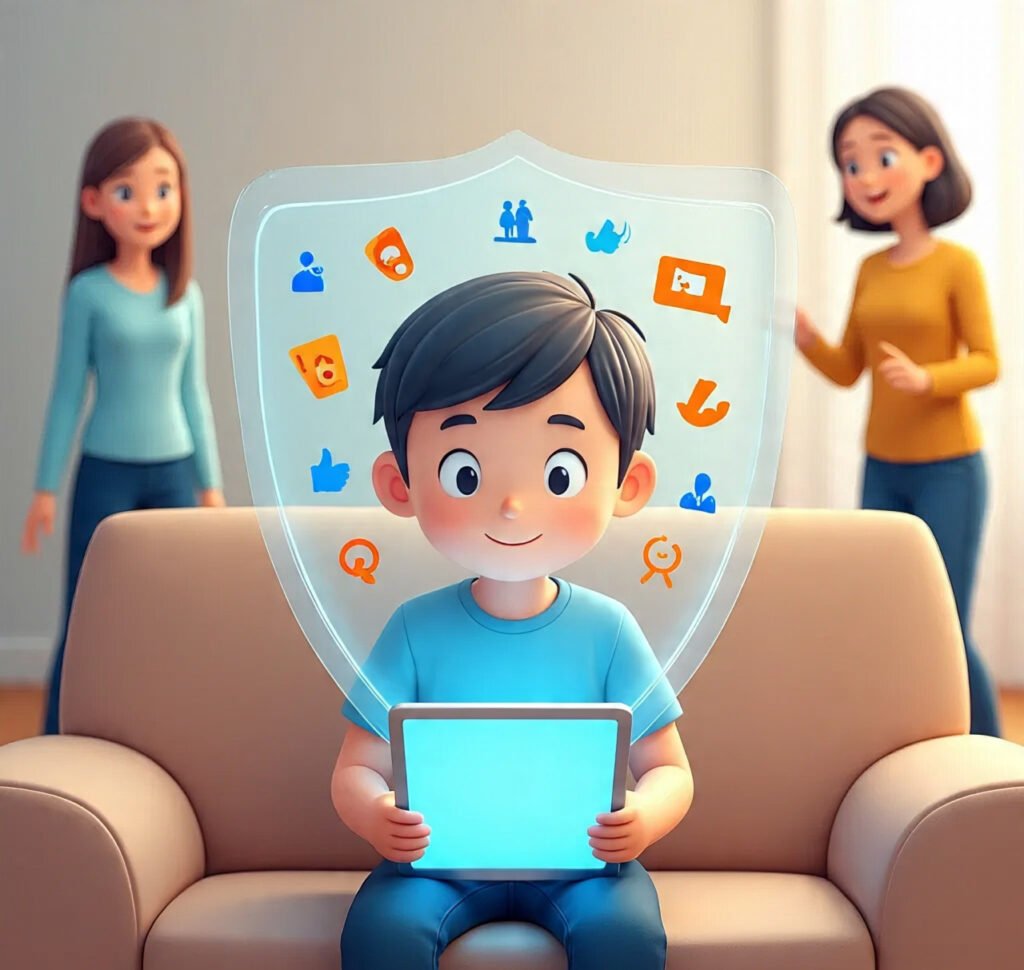 Child using tablet safely inside digital shield with parents watching.