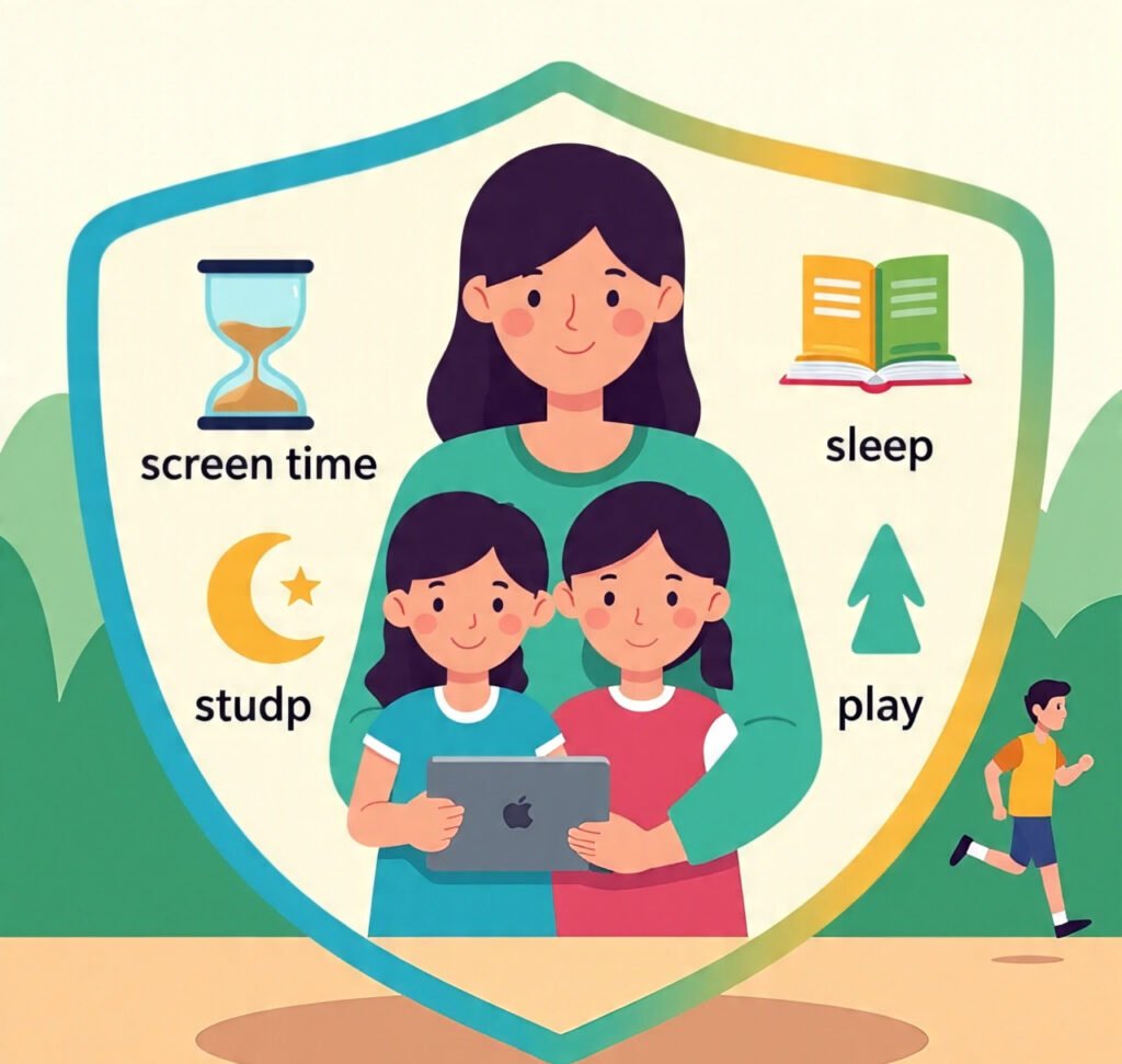 Parents guiding kids with parental control for a safe and balanced life.