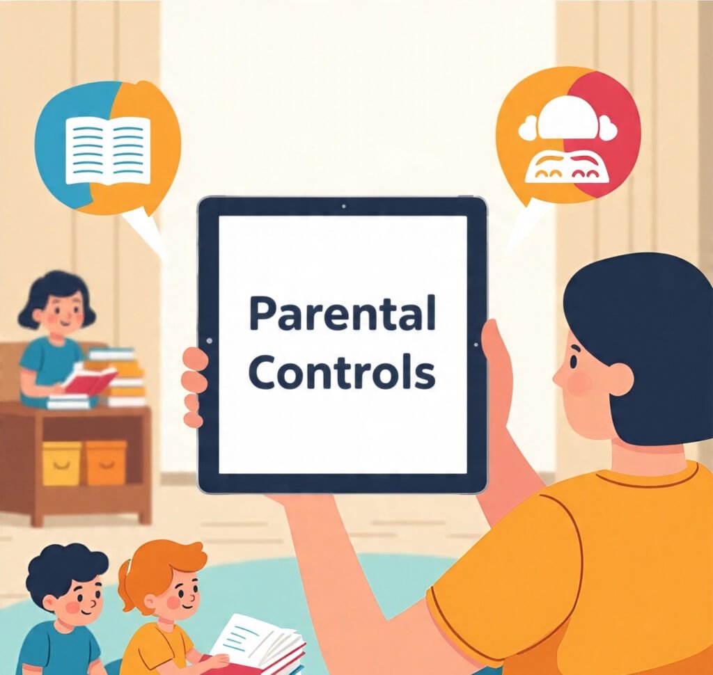 Illustration showing the benefits of parental block for kids and parents.