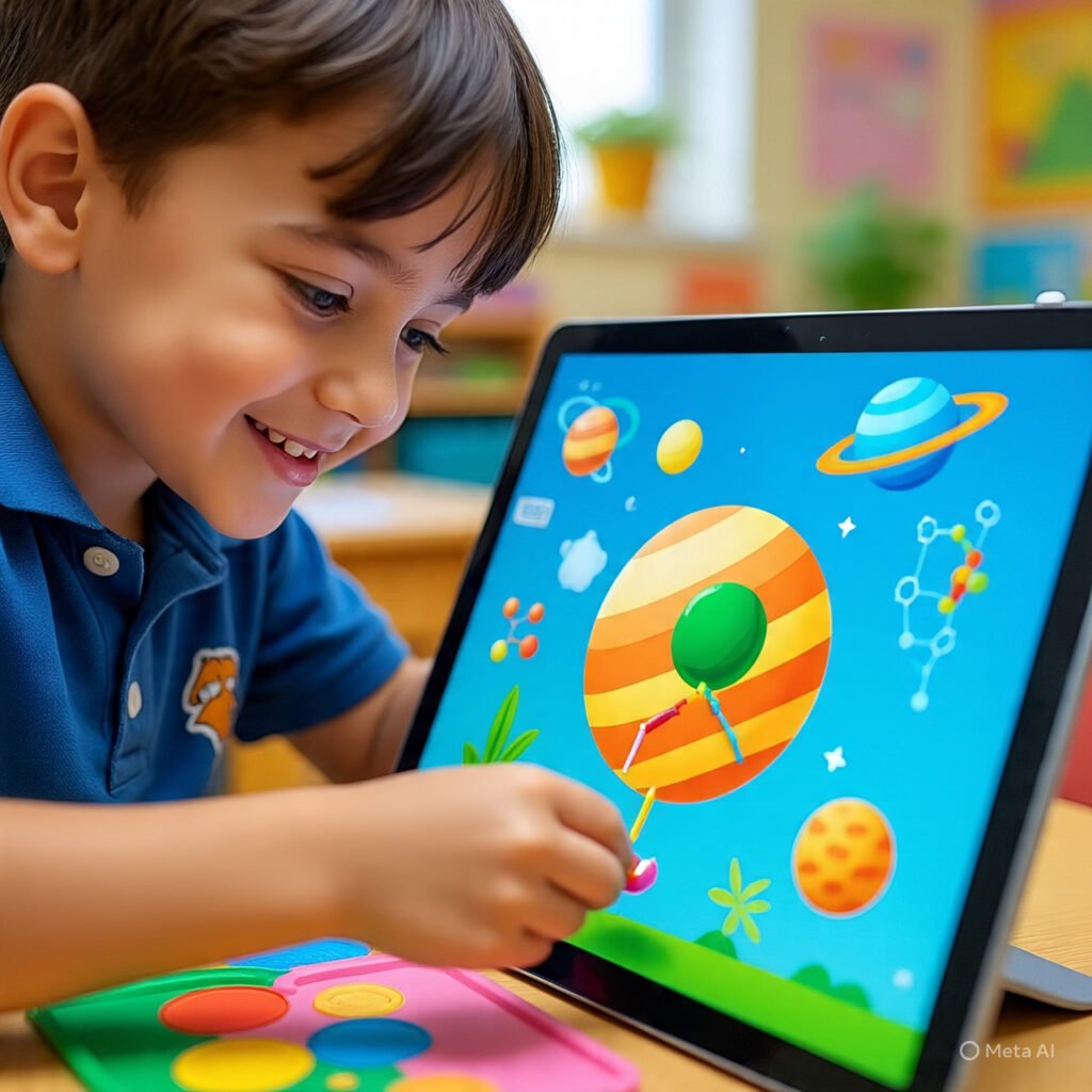Child playing Connect Shape game on Focus Fun, forming science diagrams.