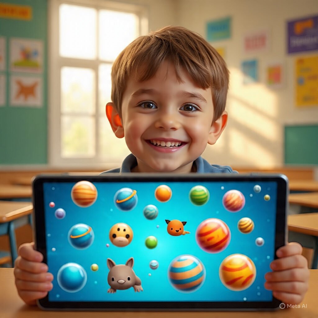 Child playing Bubble Click game, answering science questions interactively
