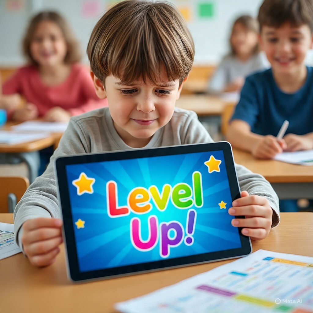 Child earning a badge in an English game on the FocusFun App.