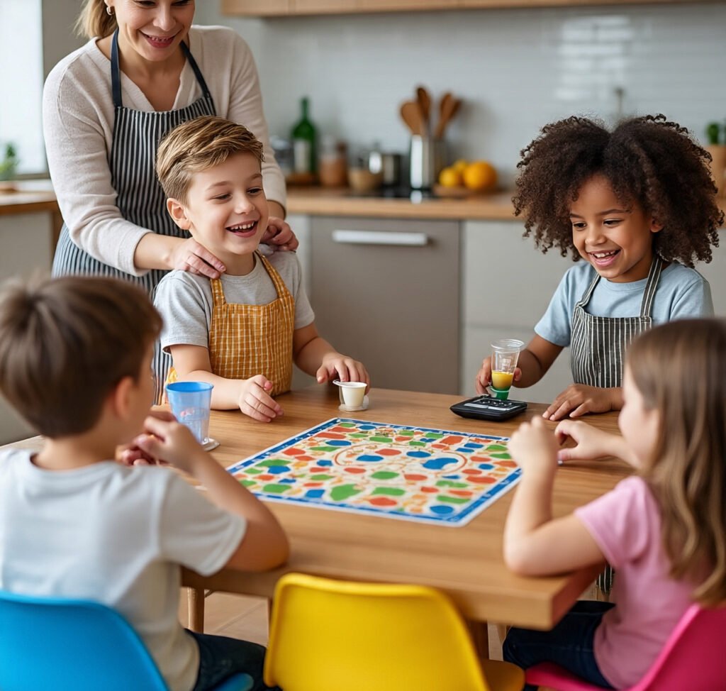Kids enjoying board games and cooking activities that involve math learning.