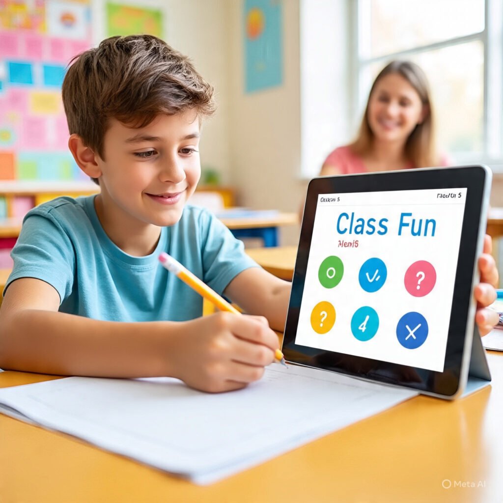 Kids playing grammar games on tablets in classroom
