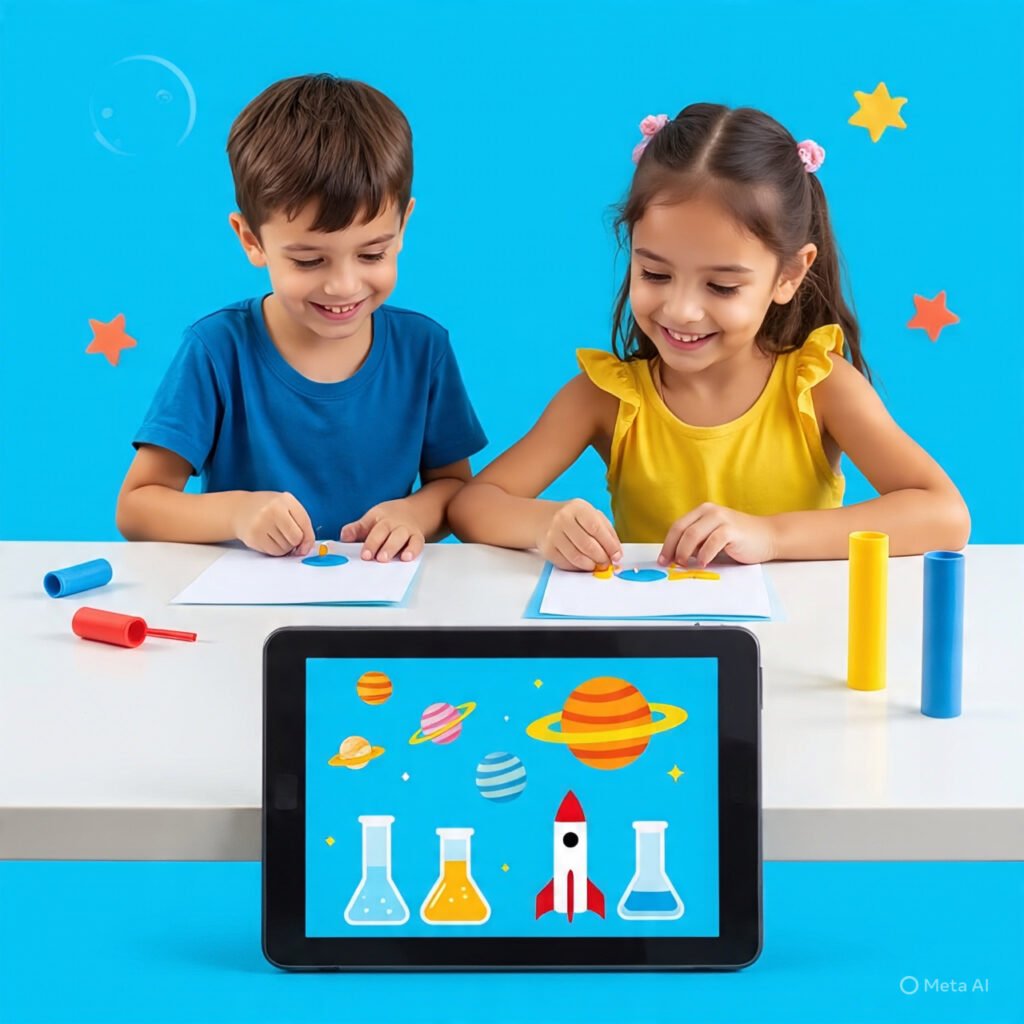 Two young children (boy and girl) happily playing with colorful craft materials and a tablet showing science games, surrounded by cartoon planets and stars
