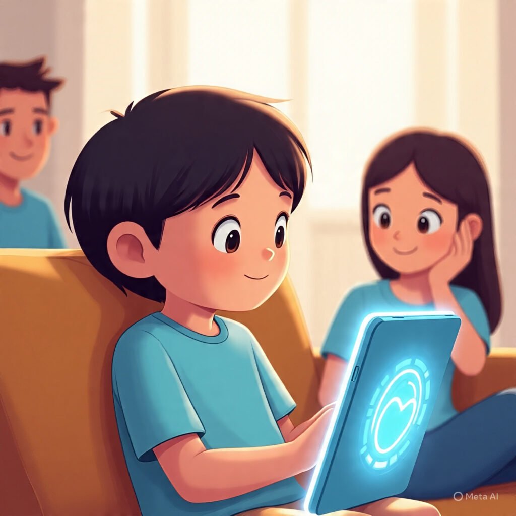 Child using tablet safely with parental filter protection.