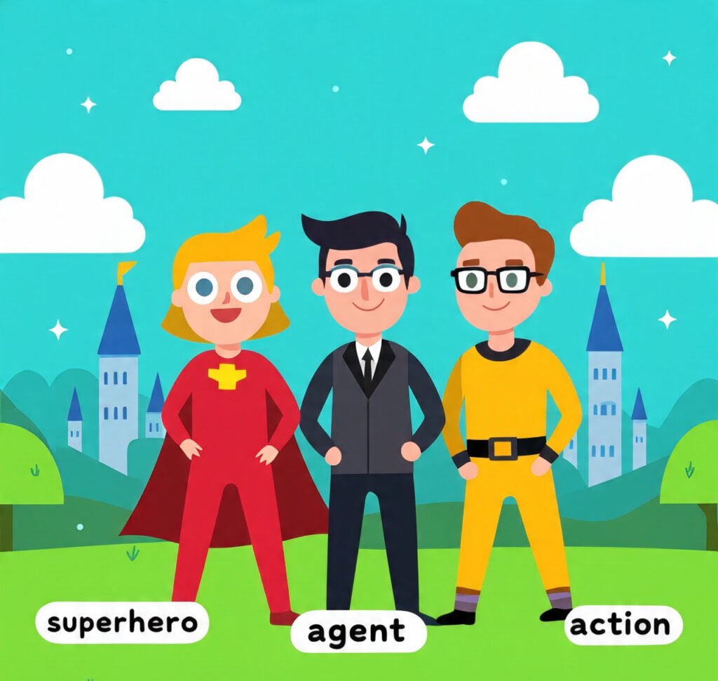 Grammar characters like nouns, pronouns, and verbs as story heroes.