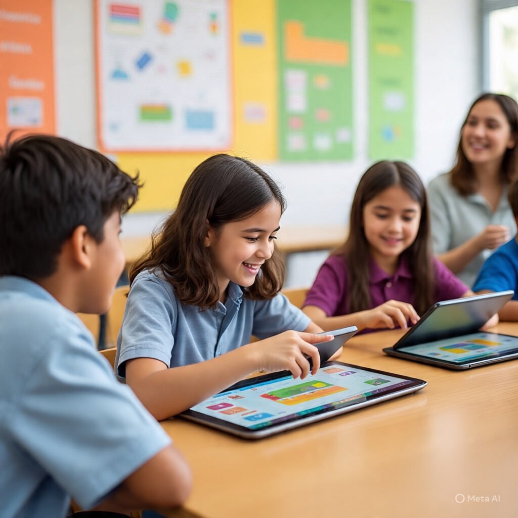 Students enjoying Game Based Learning with tablets in a bright classroom.