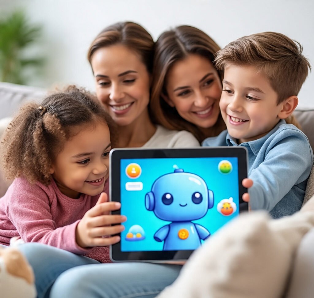 Family enjoying safe screen time with educational games.