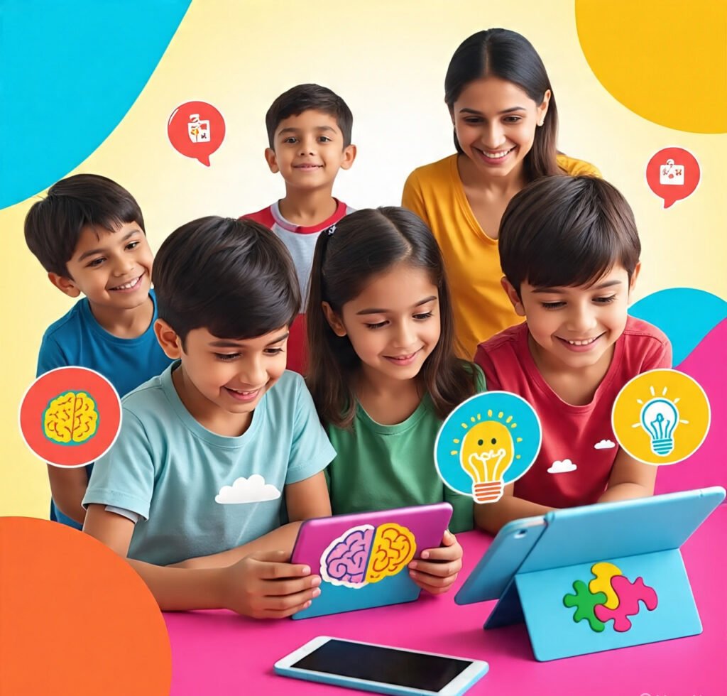 Children playing free brain games on tablets with colorful brain icons.