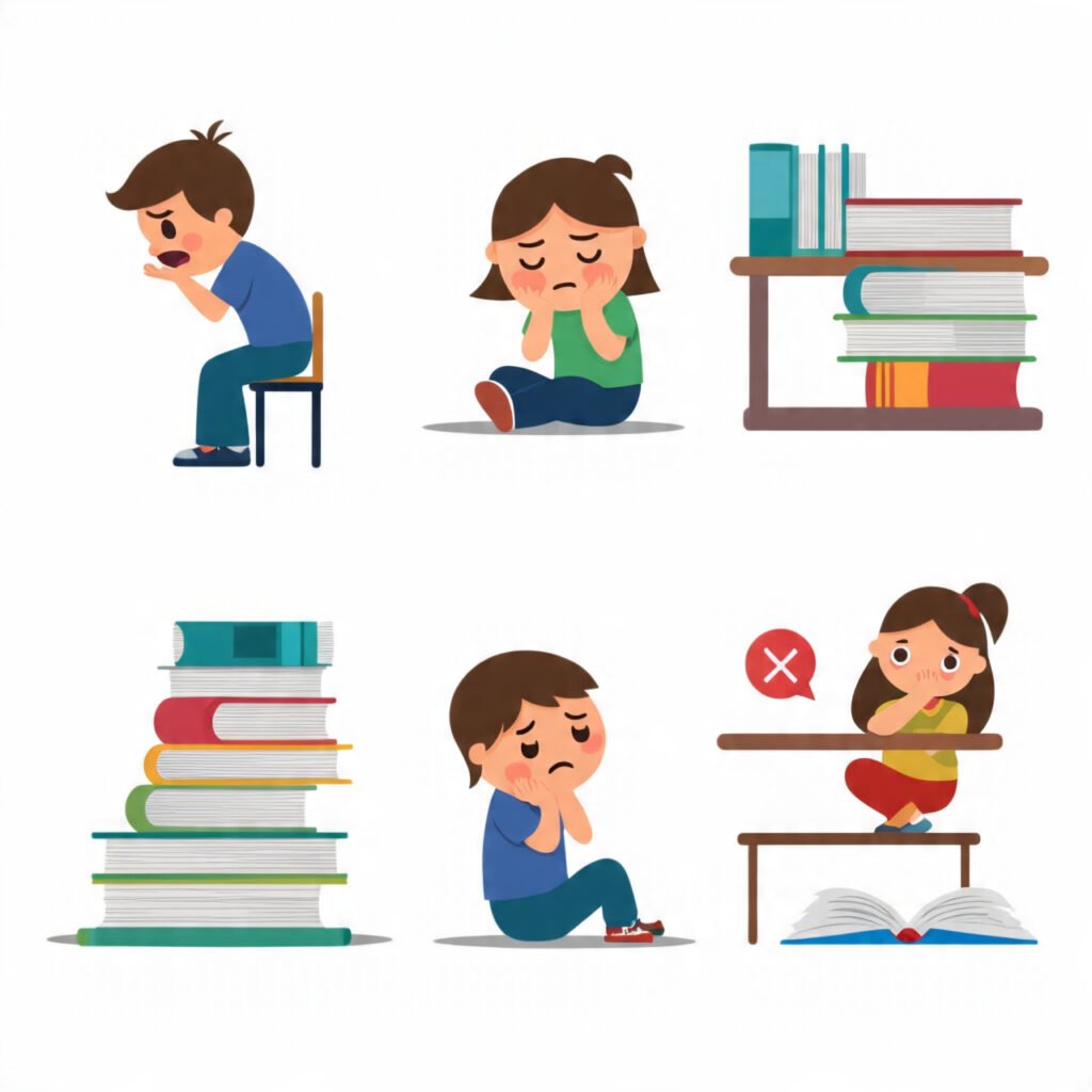 Icons representing boredom and frustration with traditional English learning.