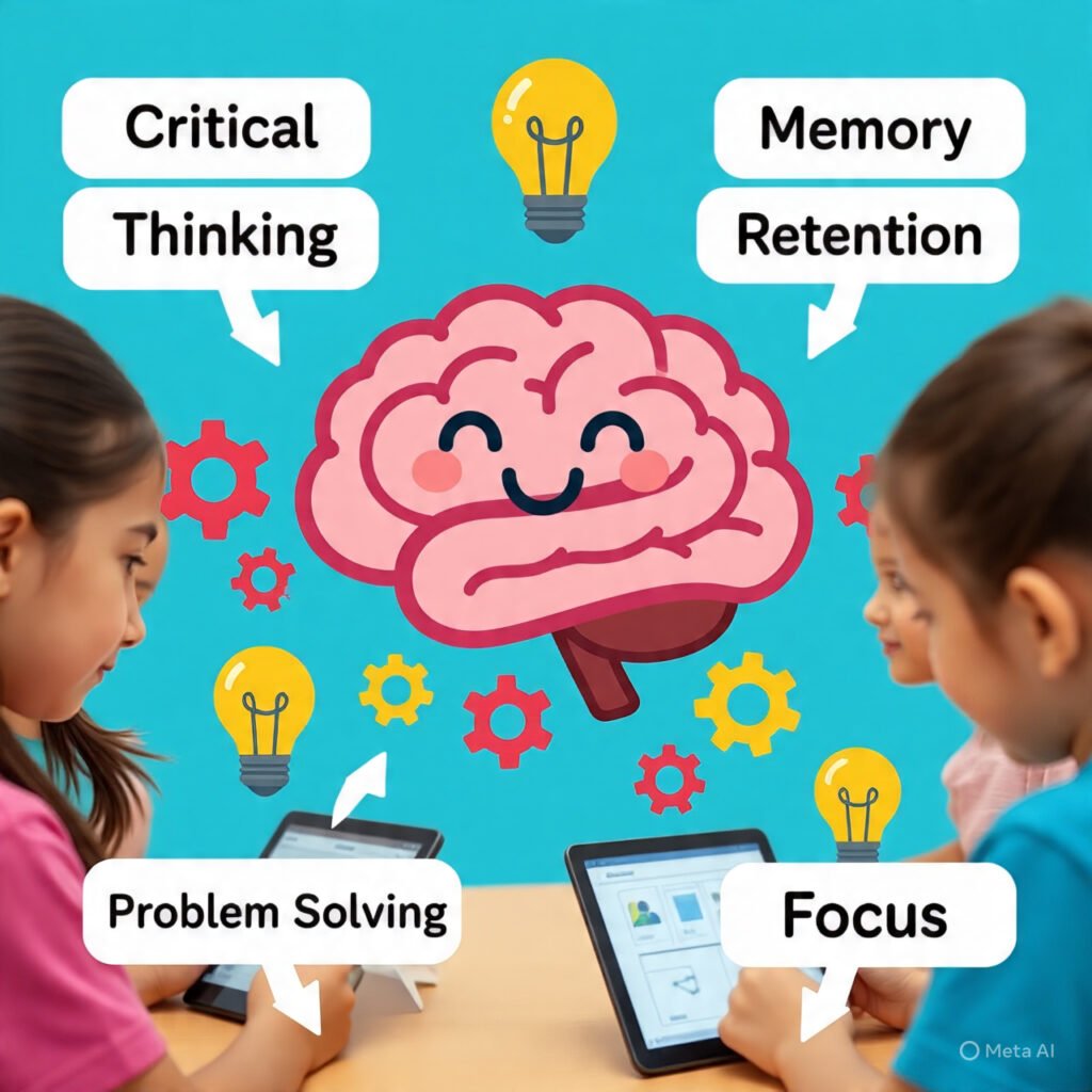 nfographic showing benefits of science quiz games for kids including critical thinking and focus