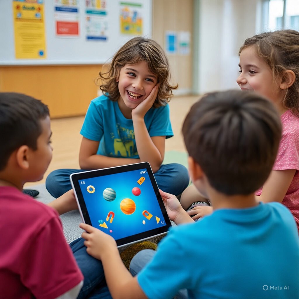 Children learning science through interactive games.
