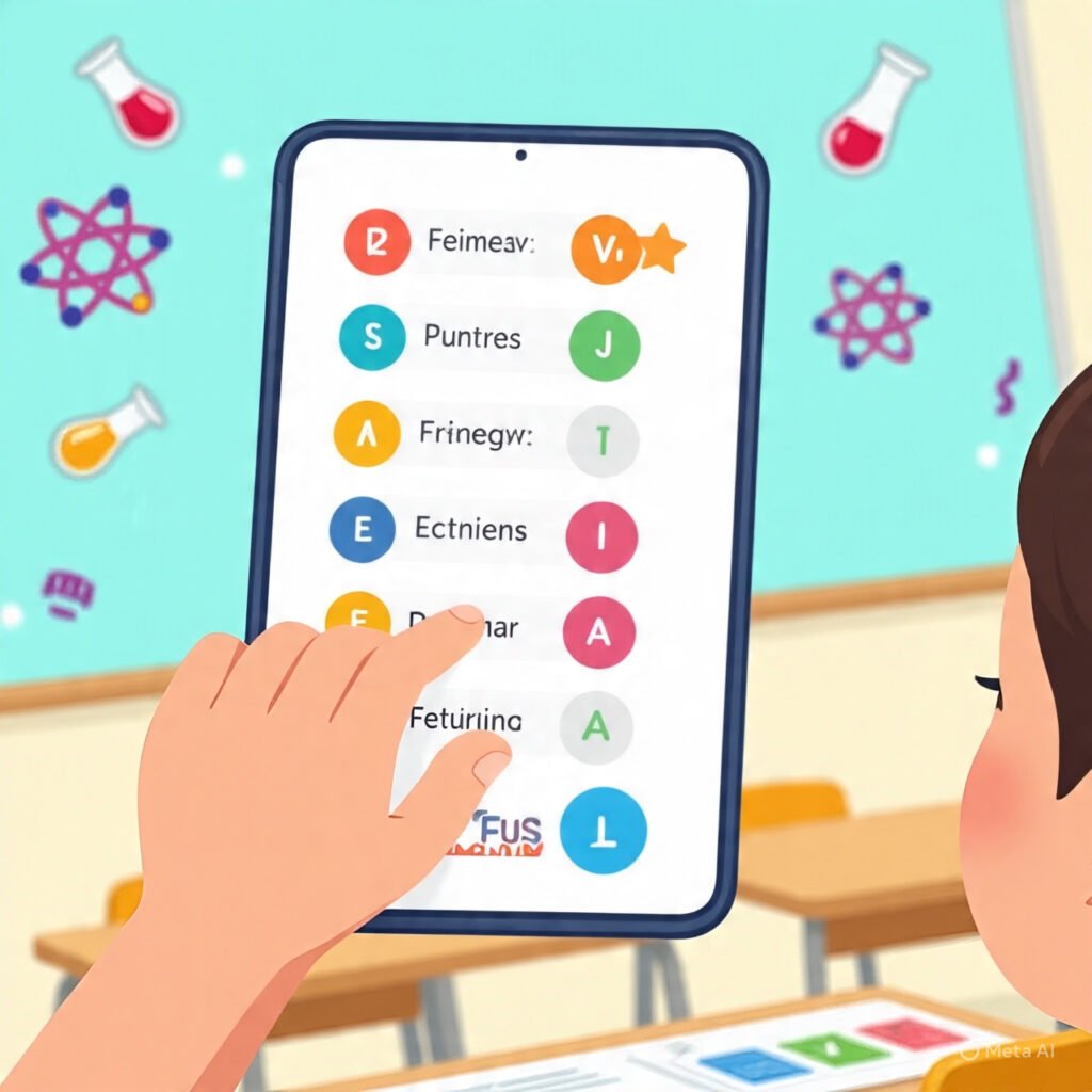 Child answering multiple-choice science questions on Focus Fun quiz game