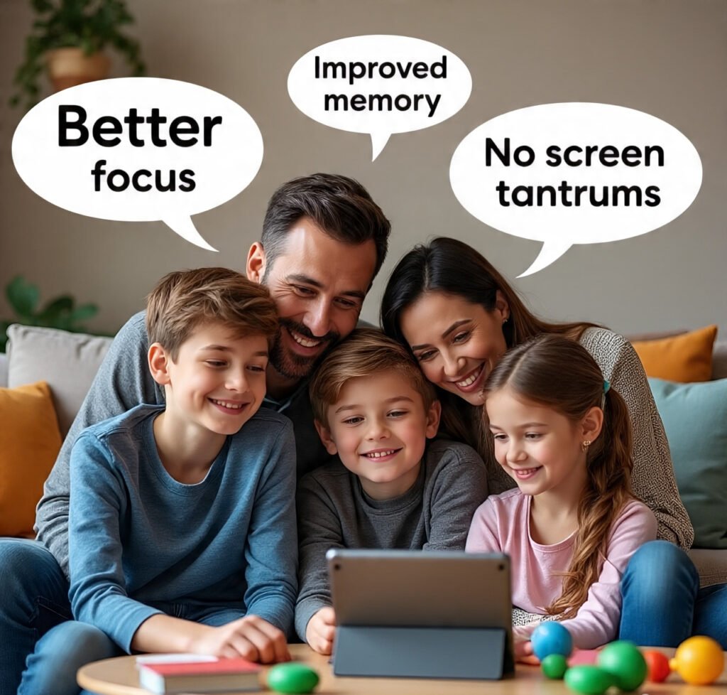 Family bonding while playing a brain game together on a tablet.