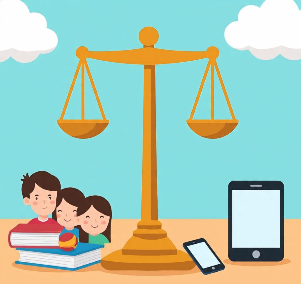 Balanced lifestyle with study, play, and screen time.