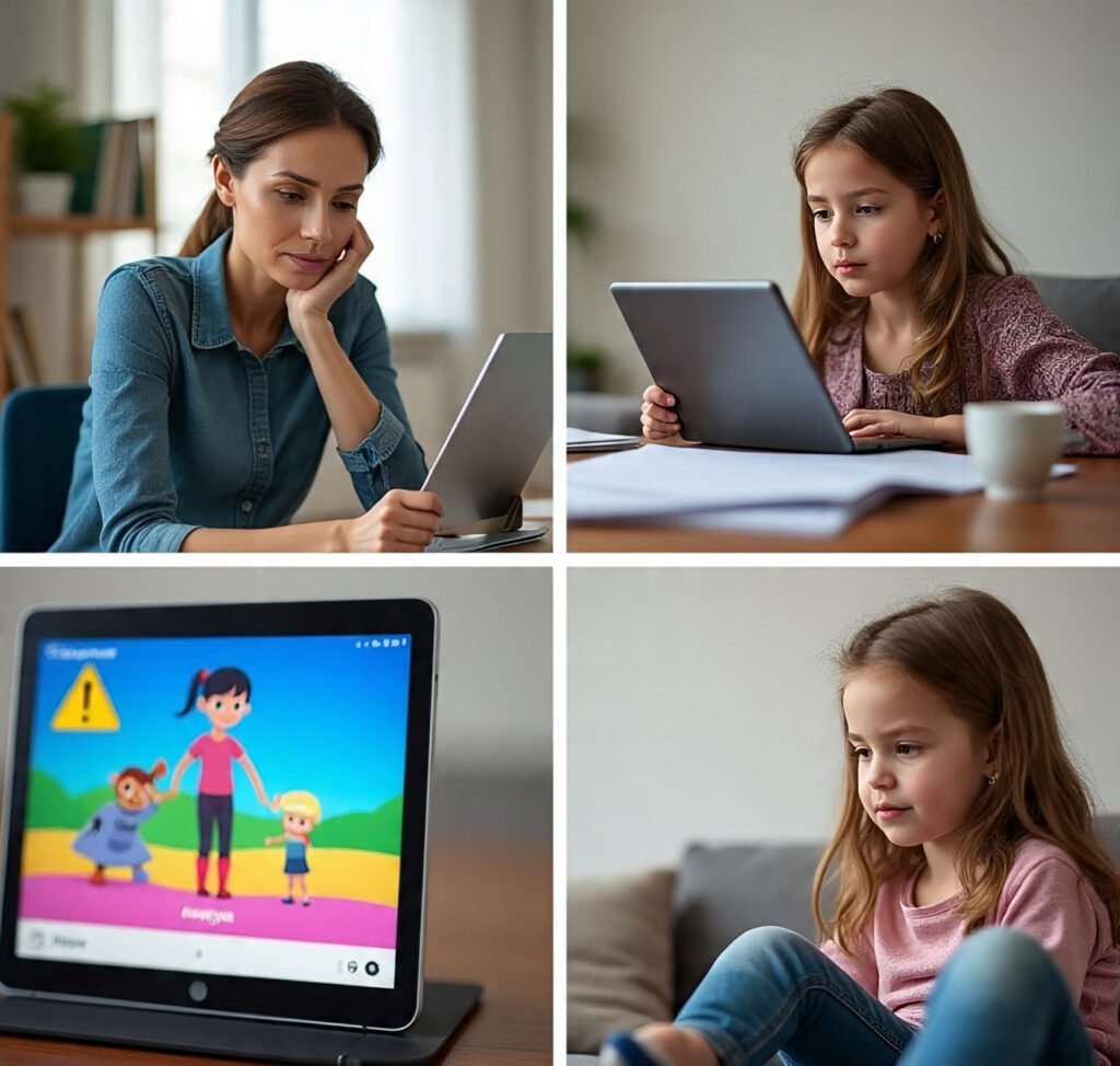 Mom securing her daughter’s screen with parental filters.