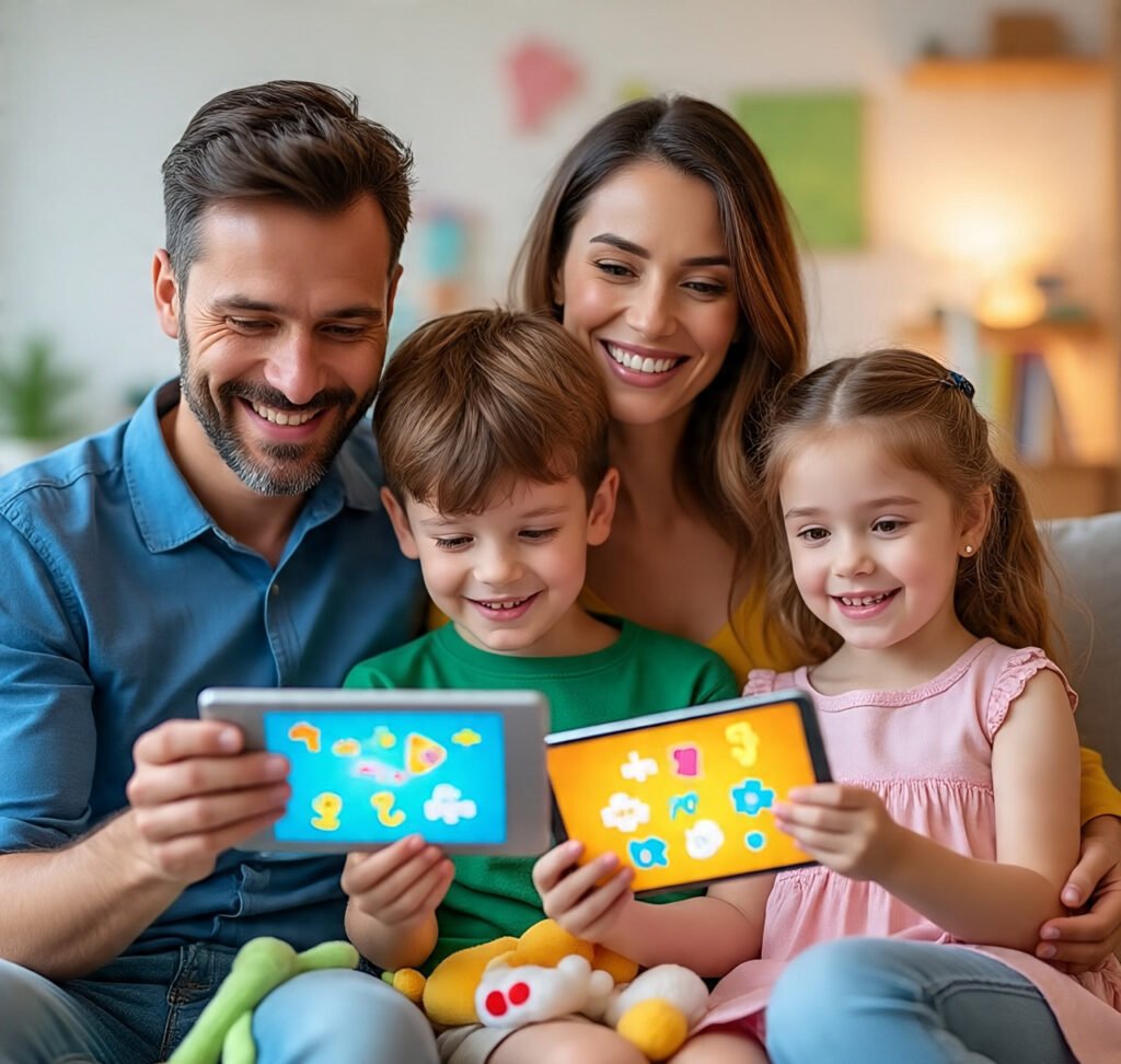 Parents and children playing educational mobile games together at home