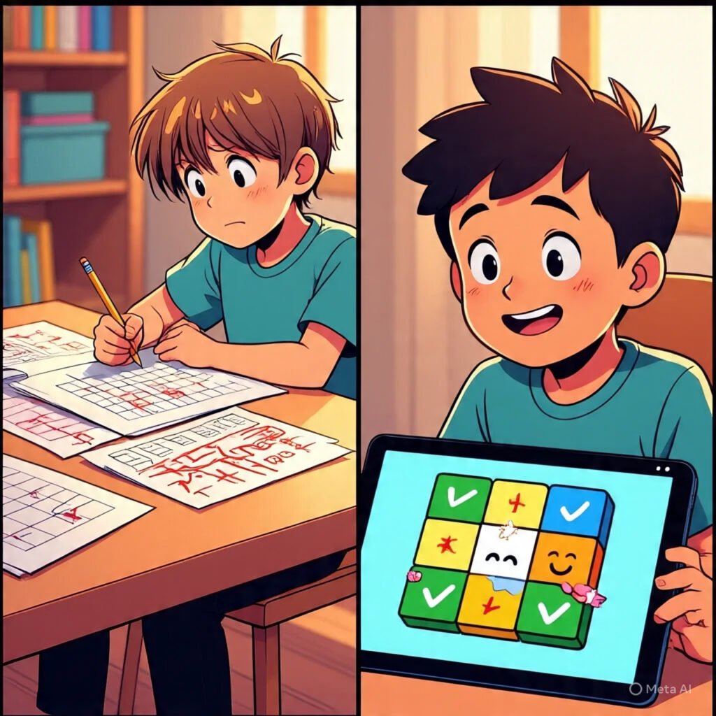 Split-frame comic-style illustration:
Left side: A child with messy hair, slouched posture, pencil falling from hand, surrounded by red “X” marks and confusing grammar charts.
Right side: The same child sitting upright, smiling, interacting with a tablet showing a vibrant English word puzzle or a cartoon spelling game, with green checkmarks and stars around.